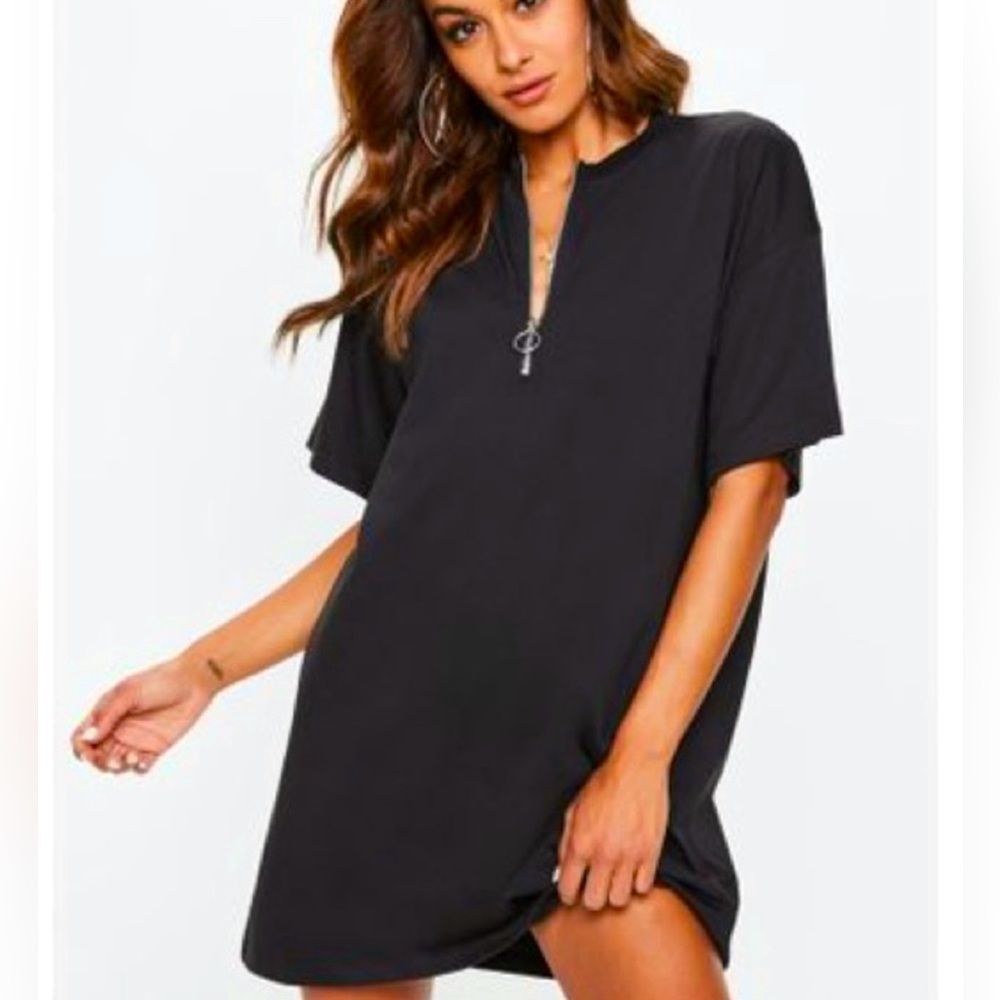 Missguided Black T Shirt Dress with Zipper Detail Size 4 Rock Grunge